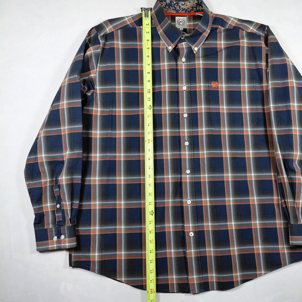 Cinch Mens Large Long Sleeve Button Down Shirt Blue Orange Plaid Paisley Trim - Picture 9 of 13